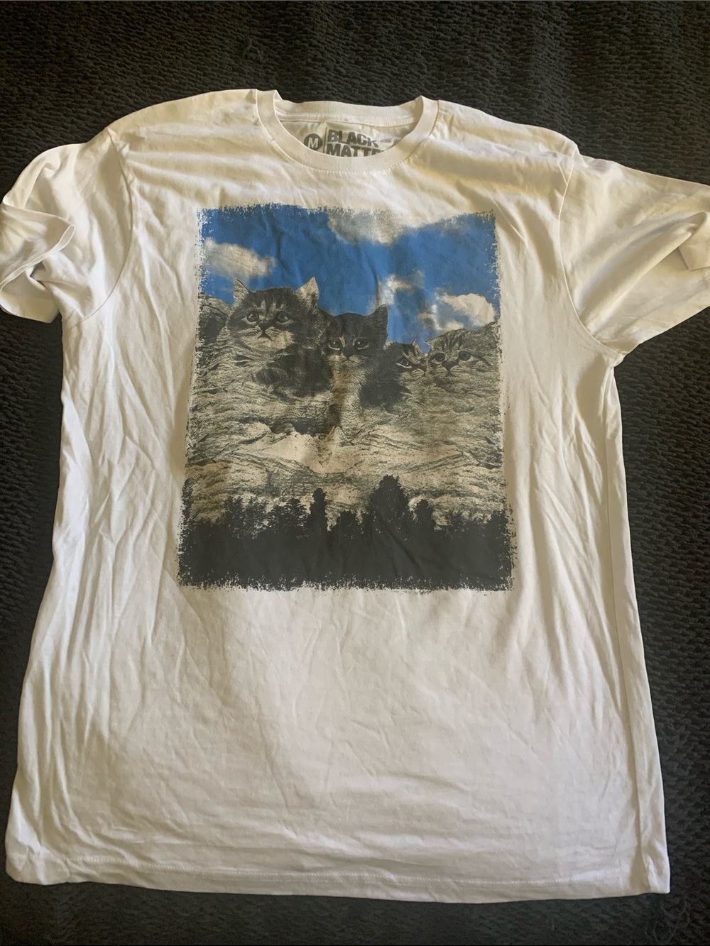 Black Matter White T-Shirt with Blue Sky & Cat Graphic